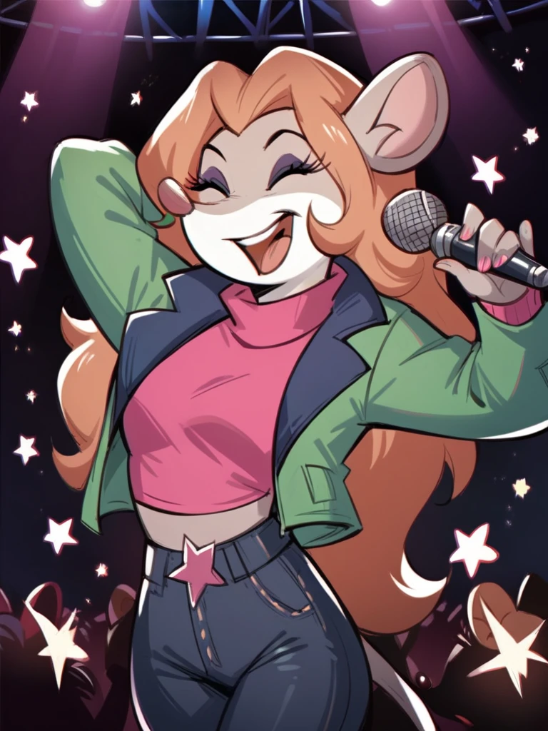 score_9, score_8_up, score_7_up, score_6_up, score_5_up, score_4_up, Talia_Squeaks, open jacket, green sweater, jeans, singing, microphone, stage, spotlight, stage lights, detailed face, detailed eyes, detailed background, <lora:talia-v3:1>