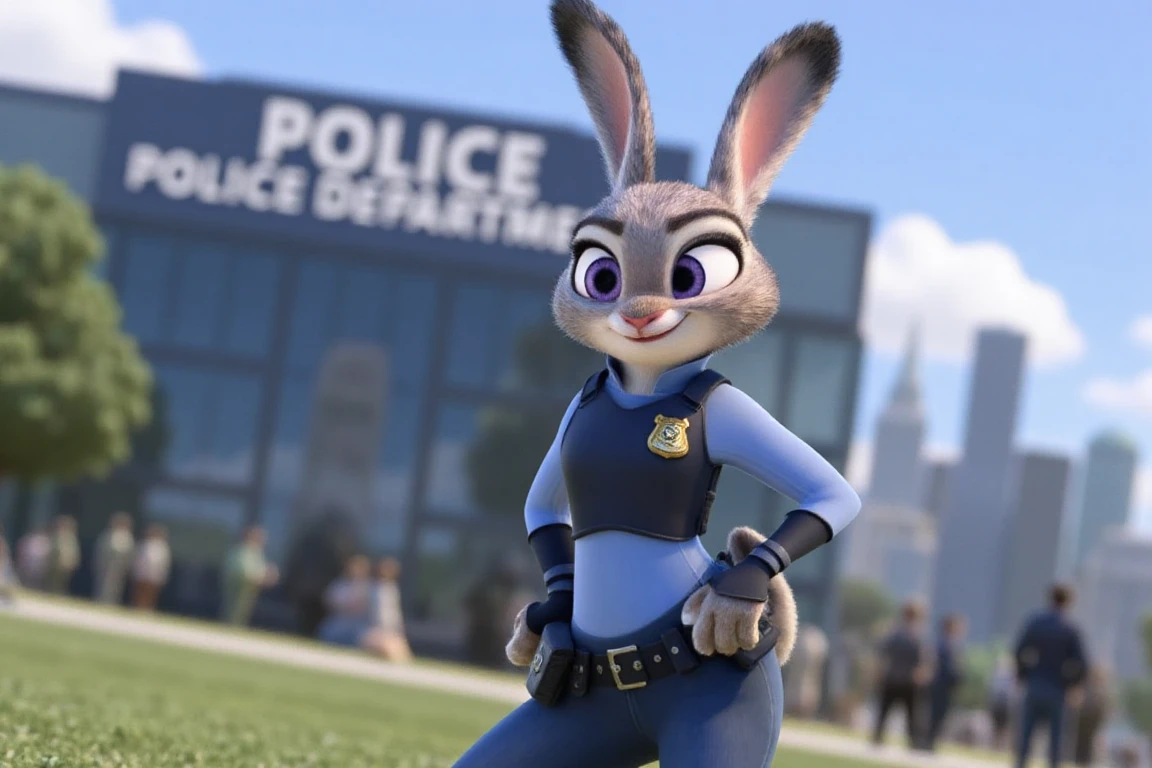 Judy Hopps from Zootopia, ohwx in her police uniform standing confidently in front of the Zootopia Police Department headquarters with the city skyline in the background.