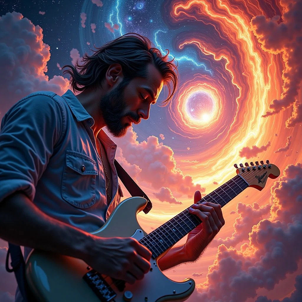 an abstract painting of a seductress,glowing energy,split sky between sunny day and deep space at night, with gome style, close-up shot of a man's hands deftly strumming the strings of his electric guitar, fingers gliding smoothly across the fretboard as he performs an intricate melody. Soft lighting casts a warm glow on his face, highlighting the concentration etched on his features.