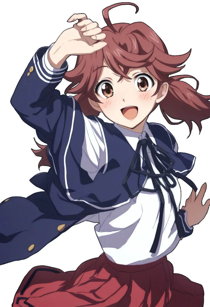 score_9, score_8_up, score_7_up, 
t0m03m3gur1,TomoeMeguri,
1girl, solo, looking at viewer, blush, smile, open mouth, skirt, simple background, brown hair, white background, twintails, brown eyes, school uniform, ahoge, :d, red hair, arm up