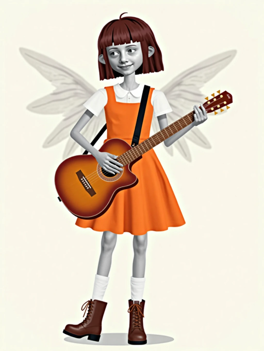 Angela,Gray skin,short brown hair,Orange dress,white short sleeves,white stockings,black shoes,brown boots. Angela playing guitar