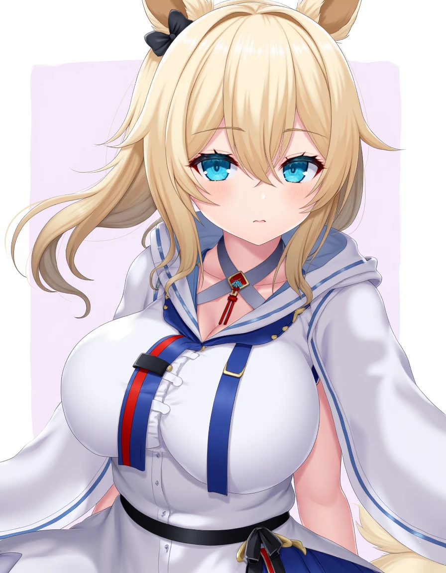 asamurahiori, a masterpiece with amazing quality, detailed 4k illustration, whislash, arknights, blue eyes, blonde hair, long hair, (cassock),naval uniform,cropped hoodie, large breasts, animal ears, horse girl, horse tail, black ribbon, , 1girl, solo, photo background <lora:Flux_asamurahiori_v1_gelbooru_tags:1>