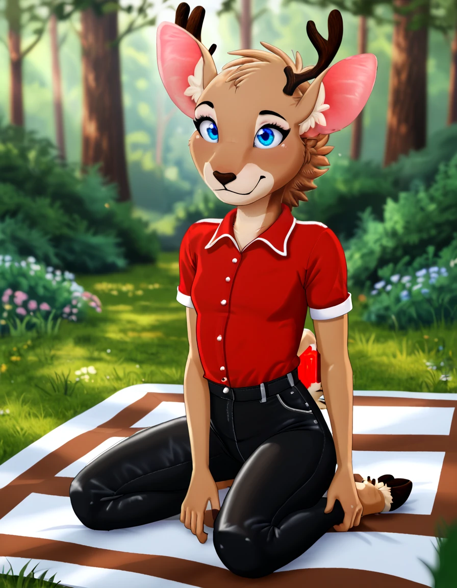 outdoors,detailed background,forest,picnic,
Katy,1girl,solo,deer,animal ears,tail,furry female,animal nose,snout,short hair,blue eyes,body fur,brown fur,animal ear fluff,two-tone fur,brown hair,white fur,
full body,smile,long eyelashes,
red shirt, black leather pants,
<lora:Katy_v01_PDXL:1>,