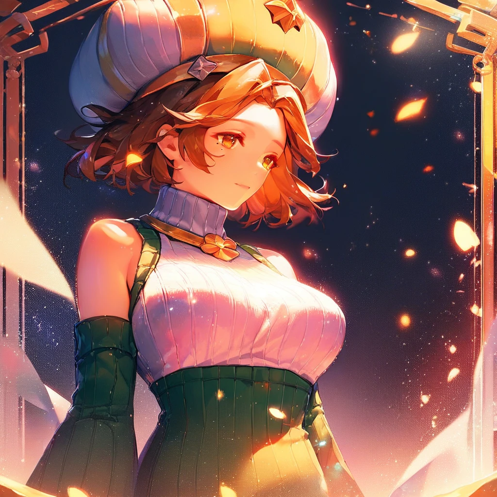 Sophie Dragalia, brown hair, short hair, yellow eyes, mole under eye, large breasts, wide hips, casualsophie, hat, collar, sweater, detached sleeves, bare shoulder, dress ,score_9, score_8_up, score_7_up, source_anime, 1girl, light particles, dramatical lighting, (detailed, light particles, dynamical lighting, masterpiece, beautiful art, beautiful eyes, beautiful face, delicate artwork), score_9, score_8_up, score_7_up, 1girl,