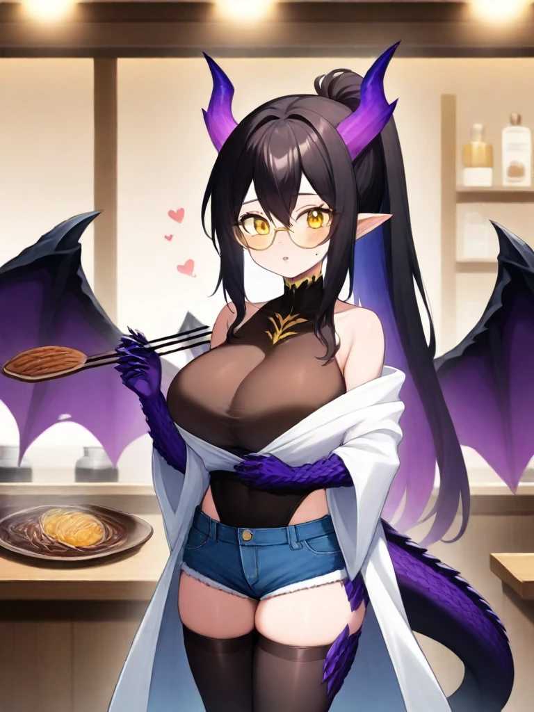 1girl,solo,standing, eat on soba,
break,
 <lora:Futtora's_Crystal_Dragon_Girl_MS_Dowlin:1>fc_Dowlin,  dragon horns, dragon skin, breasts, tail, wings, yellow eyes, shorts, thighhighs, dragon tail, large breasts, dragon girl, claws, ponytail, dragon wings, long hair, pointy ears,  black thighhighs, dragon horns, black hair,  purple hair,short shorts, bare shoulders, off shoulder, denim, denim shorts, very long hair, multicolored hair,  scales, hair between eyes,Golden frame glasses,black leotard,white robe
in a  cafe,
masterpiece, best quality, amazing quality, very aesthetic, absurdres, highres, newest