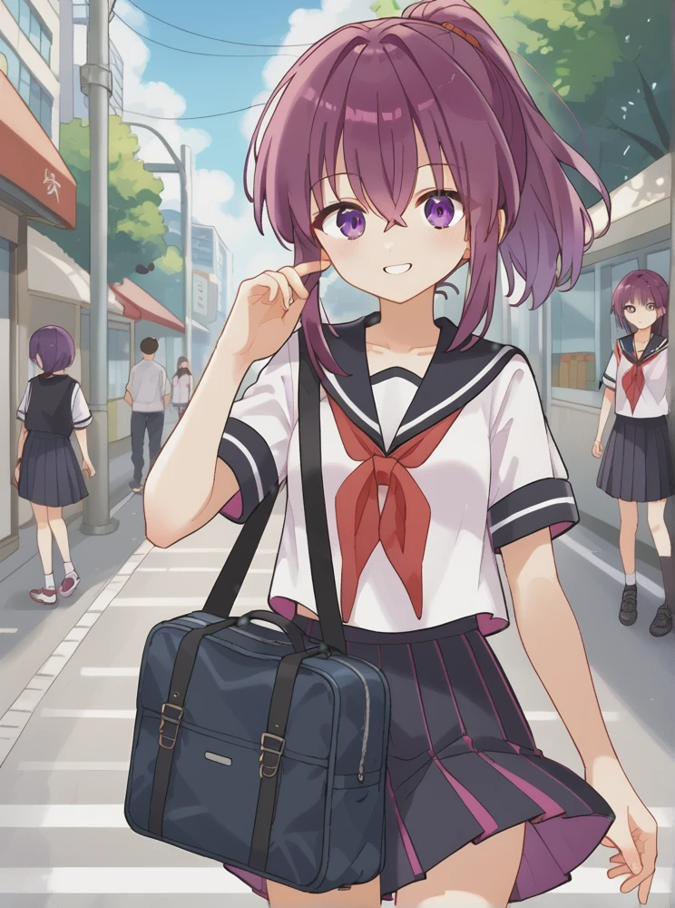 <lora:Samidare_Sarah:0.8>, score_9, score_8_up, score_7_up, source_anime, BREAK, purple eyes, bangs, red purple hair, ponytail, hair between eyes, Samidare_Sarah, white short sleeves sailor shirts, black pleated skirt, sailor collar, red neckerchief, school bag, smile, right hand up, walking in city streets, bare legs, cowboy shot,  outdorrs, skycrapers, daytime, sun lights, bruly backgrounds, solo