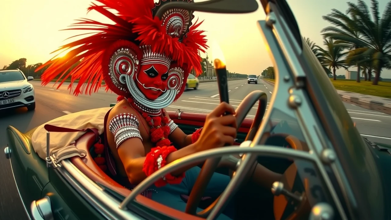 wide angle fish eye of a theyyam performer wearing a full body red and silver costume with red face and body paint sitting in the driver seat driving an open top classic car through a highway while holding a flame torch in one hand and steering wheel with the other hand. sunset. fast dynamic camera angle from the side