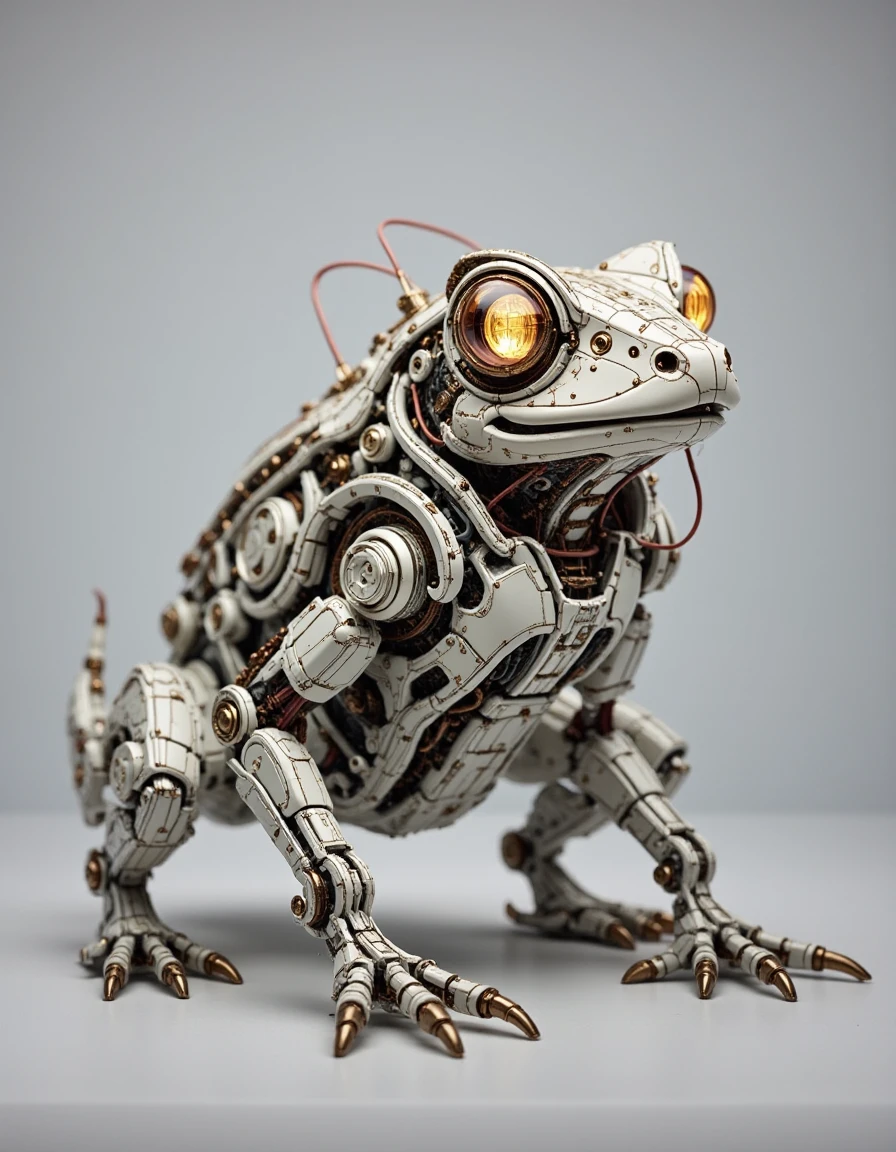 A compact dibmchncl frog. The frogâs body is made from lightweight metal and plastic, with small visible wires running along its limbs. Its glassy eyes have an LED glow, and fine metallic details add texture. The close-up view with soft lighting highlights the futuristic biomechanical textures. <lora:biomech_v20_rank32_bf16-step00252:1>, dibmchncl