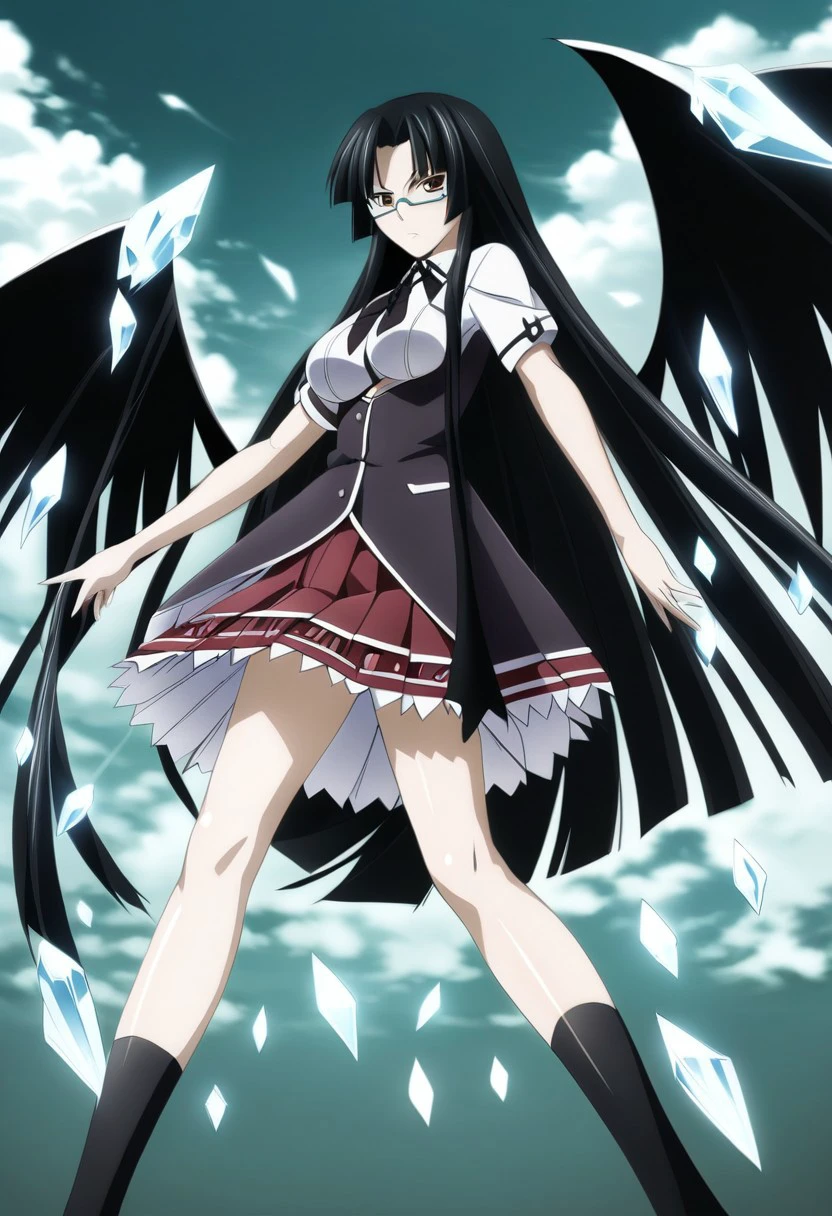 tsub4k1sh1nr4 ,Tsubaki Shinra ,
1girl, solo, long hair, breasts, looking at viewer, skirt, black hair, brown eyes, very long hair, school uniform, short sleeves, pleated skirt, wings, sky, glasses, socks, cloud, crystal