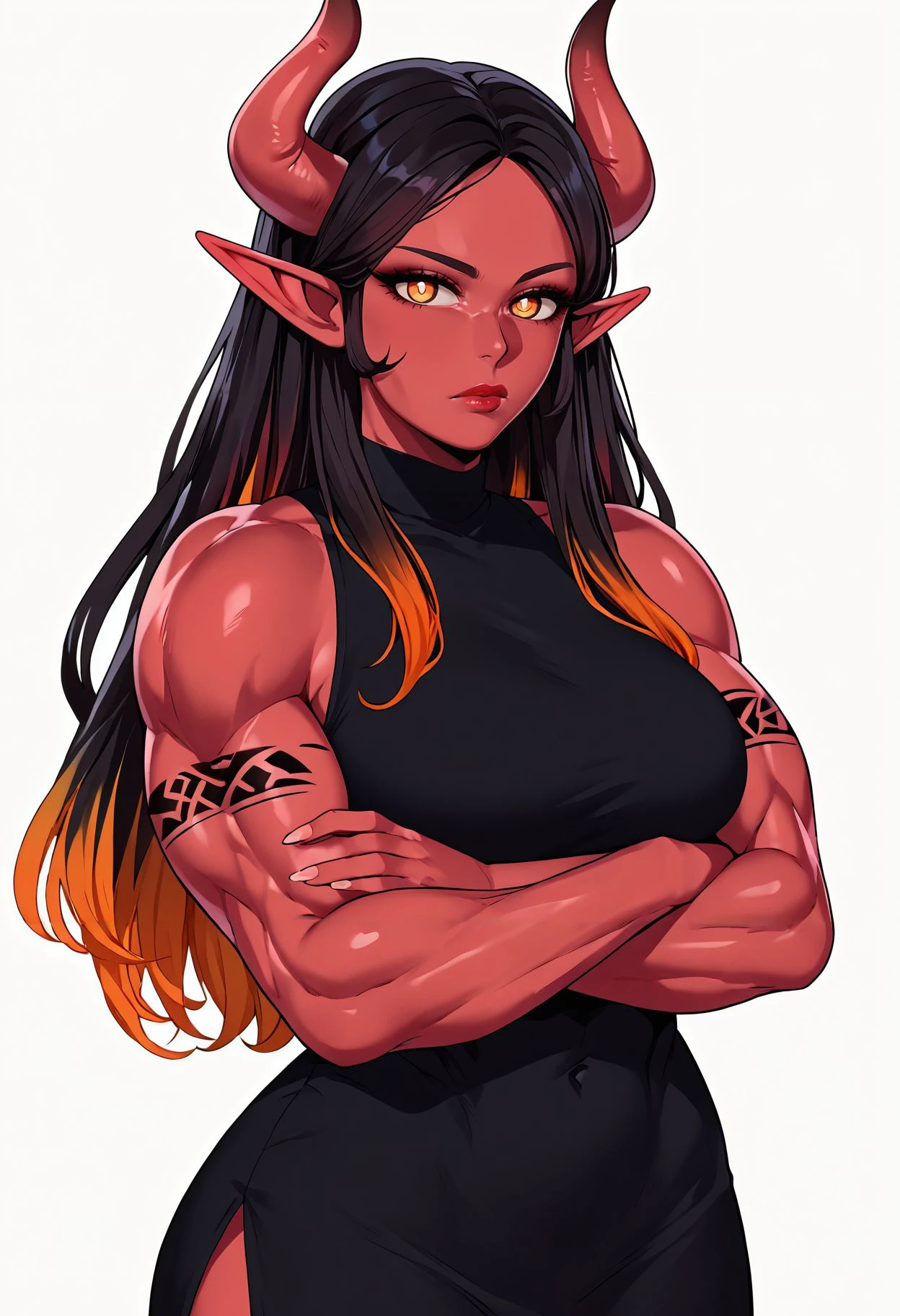 Masterpiece, best quality, Masterpiece, best quality, 1 woman, Red skin , Devil's Horn , black short hair , purple eyes , sly face , Black quilted jacket , black bikini , big breasts , abdomen , Long legs , Put your hands on your hips.. , running shoes , full body , abandoned factory , at night