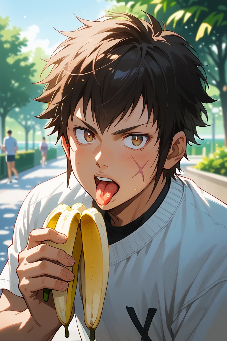 score_9, score_8_up, score_7_up, source_anime, rating_questionable, day, natural lighting, casual theme, male focus, leaning forward, looking at viewer, eating, banana, holding fruit, RaichiDA, brown_RaichiDA_scar on cheek, black_RaichiDA_hair, constricted pupils, open mouth, tongue, tongue out, short sleeves, casual clothes, 1boy, blurry outdoors, park, scenery, dutch angle, intricately detailed illustration, atmospheric perspective, depth of field