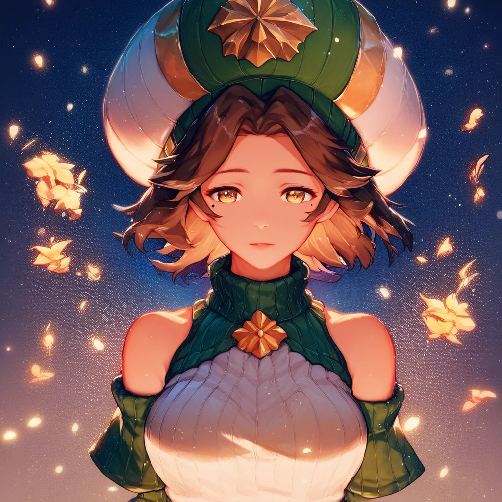 Sophie Dragalia, brown hair, short hair, yellow eyes, mole under eye, large breasts, wide hips, casualsophie, hat, collar, sweater, detached sleeves, bare shoulder, dress ,score_9, score_8_up, score_7_up, source_anime, 1girl, light particles, dramatical lighting, (detailed, light particles, dynamical lighting, masterpiece, beautiful art, beautiful eyes, beautiful face, delicate artwork), score_9, score_8_up, score_7_up, 1girl,