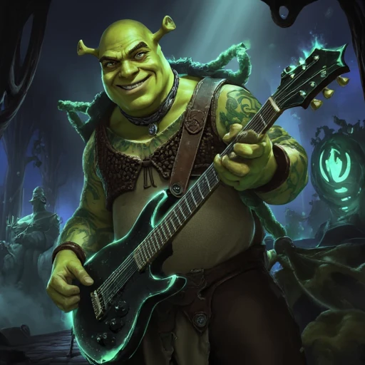 Digital ilustration in style of LORStyleFluxV1 of Shrek playing on a eletrctic guitar