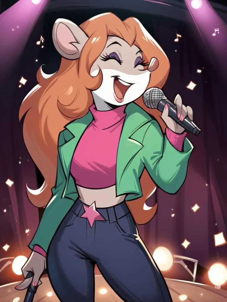 score_9, score_8_up, score_7_up, score_6_up, score_5_up, score_4_up, Talia_Squeaks, open jacket, green sweater, jeans, singing, microphone, stage, spotlight, stage lights, detailed face, detailed eyes, detailed background, <lora:talia-v3:1>