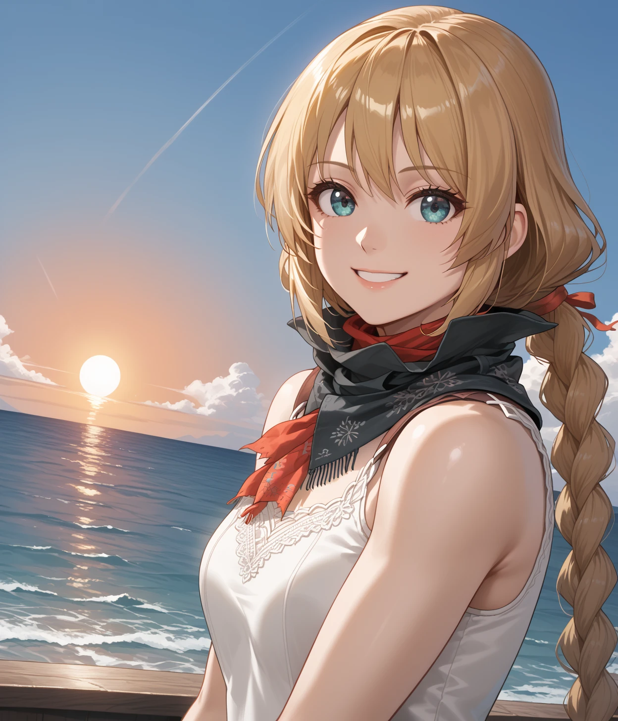 masterpiece,best quality,
1girl, midtelamon, head and shoulders, blonde hair, long single braid, scarf, sleeveless, 1girl, lacy white tank top, head and shoulders, (3/4 angle:1.2), smiling, ocean and sunset sky background, best quality