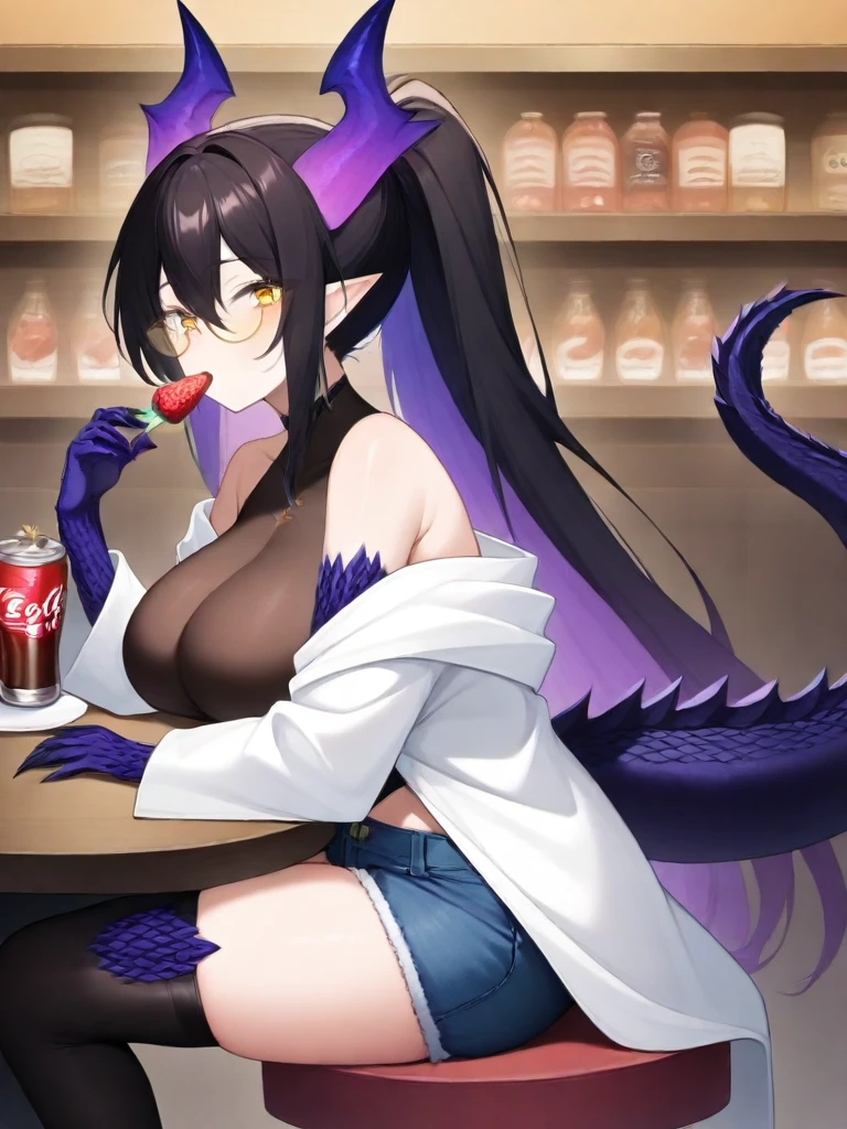 1girl,solo,sit, eat on strawberry,hands cola,
break,
 <lora:Futtora's_Crystal_Dragon_Girl_MS_Dowlin:1>fc_Dowlin,  dragon horns, dragon skin, breasts, tail, wings, yellow eyes, shorts, thighhighs, dragon tail, large breasts, dragon girl, claws, ponytail, dragon wings, long hair, pointy ears,  black thighhighs, dragon horns, black hair,  purple hair,short shorts, bare shoulders, off shoulder, denim, denim shorts, very long hair, multicolored hair,  scales, hair between eyes,Golden frame glasses,black leotard,white robe
in a  cafe,
masterpiece, best quality, amazing quality, very aesthetic, absurdres, highres, newest