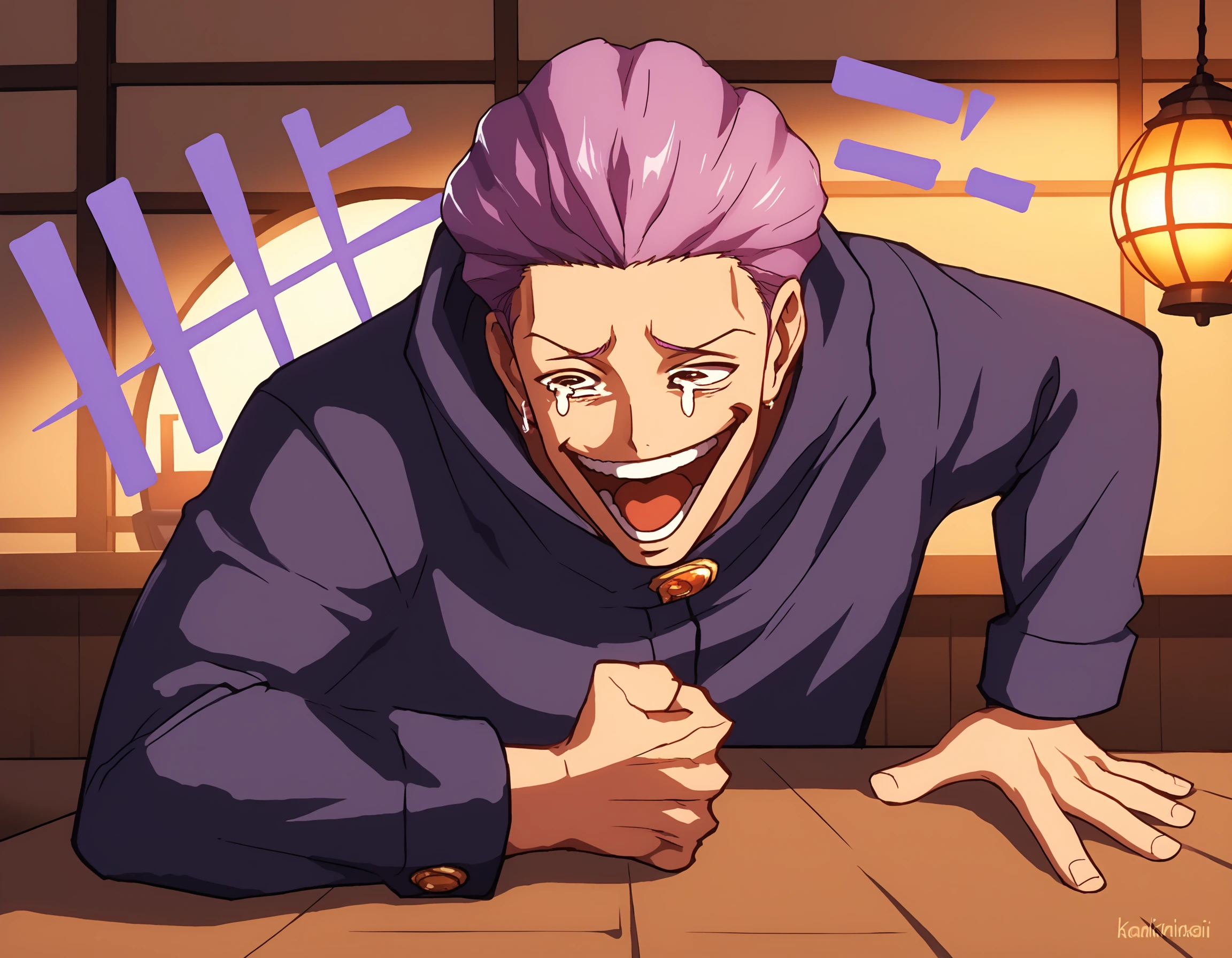 score_9, score_8_up, score_7_up, score_6_up, solo, portrait, Hakkinji, source_anime, 1man, upper body shot, wearing black jacket, black gakuran, purple hair, masterpiece, Wheeze, open mouth, tears, laughing, hand on table, english text, clenched hand, ((Japanese tavern background)),  <lora:Hakkinji_V01-000035:0.7> <lora:Wheeze_XLPD:0.9>