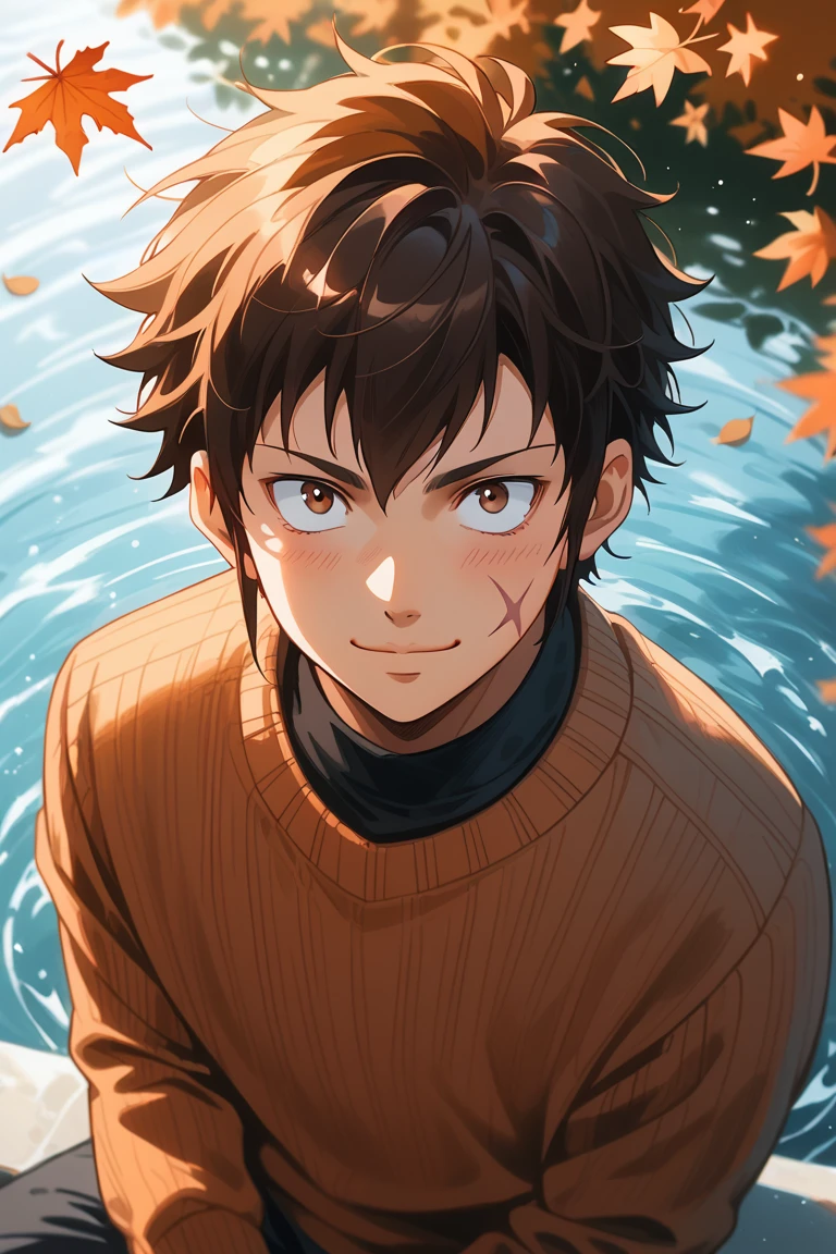 score_9, score_8_up, score_7_up, source_anime, rating_safe, day, natural lighting, autumn theme, autumn leaf, leaves, water, water ripple, male focus, looking up at viewer, sitting, smiling, RaichiDA, brown_RaichiDA_scar on cheek, black_RaichiDA_hair, constricted pupils, closed mouth, autumn clothes, sweater, pants, manly, 1boy, blurry outdoors, from above, dutch angle, intricately detailed illustration, atmospheric perspective, depth of field