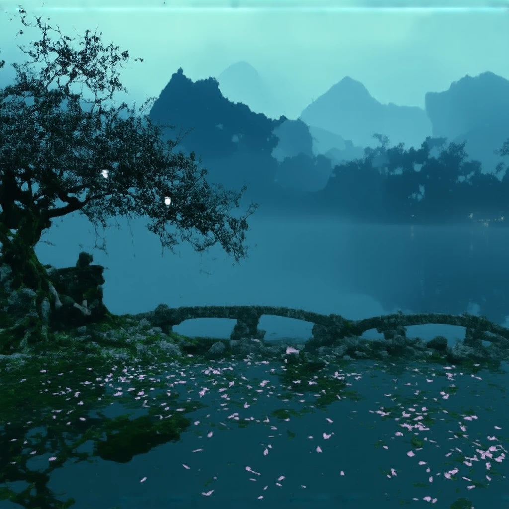In a dreamlike landscape at dusk, the scene centers around a tranquil lake with mirror-like waters that reflect the sky above. By the lakeside, an ancient stone bridge is covered in moss and vines, giving it an ethereal, timeless feel. The bridge leads to a lush grove of cherry blossoms, where petals gently drift down like rain in the soft breeze. In the distance, a range of mist-shrouded mountains is barely visible, with a temple perched on the peak, its lanterns faintly glowing as evening falls. The entire scene exudes an atmosphere of serenity and romance, as if it were a world born from a dream.