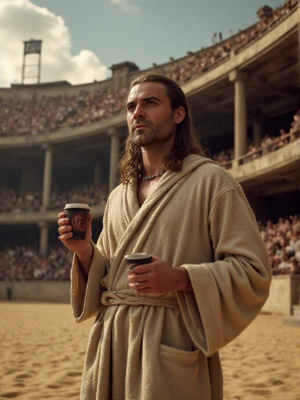 <lora:Gannicus:0.9> gannicus, facial hair,  wears a bathrobe and hold a coffe mug in an antic arena.