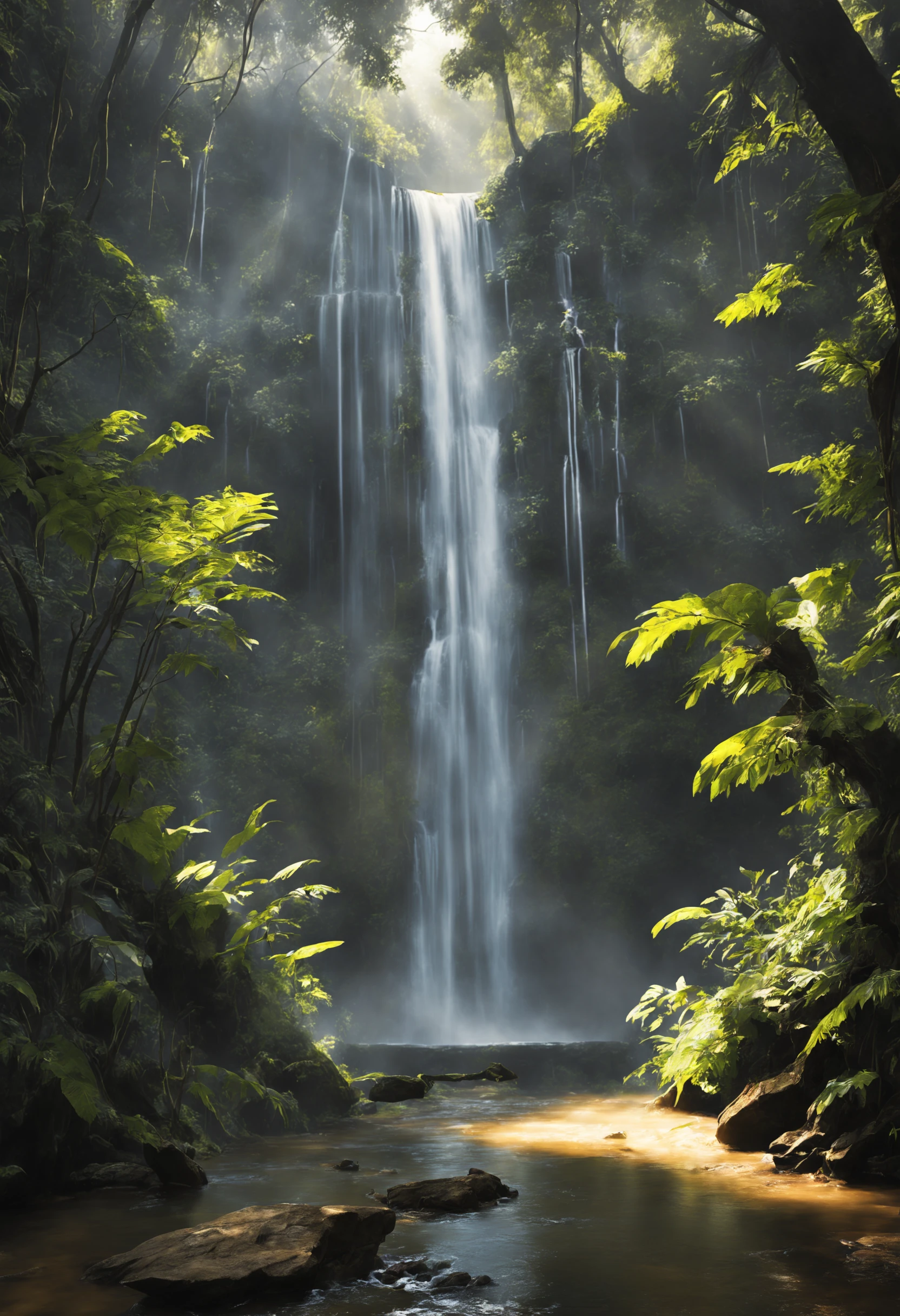 a waterfall, god rays, 4k photo, realistic, jungle
