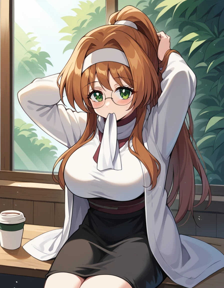 score_9, score_8_up, score_7_up, source_anime, <lora:tomoko-kinugasa-ova-ponyxl-lora-nochekaiser:1>, tomoko kinugasa, long hair, brown hair, green eyes, hairband, glasses, hair intakes, large breasts, long sleeves, robe, white robe, skirt, black skirt, scarf, white scarf,, cafe, coffee cup, barista, sitting down, talking, relaxing, sunlight through window, , <lora:hair-tie-in-mouth-ponyxl-lora-nochekaiser:1>, hair tie in mouth, hair tie, mouth hold, rubber band, blush, tying hair, adjusting hair, hands in hair, arms up, arms behind head, ponytail, hand in own hair, hair lift, cowboy shot, looking at viewer, looking at viewer, solo,, dutch angle, cowboy shot