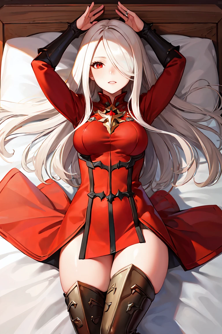 masterpiece, best quality, ultra-detailed, glistening shiny, glowing light, ray tracing, HDR, deph of field, (perfect face, detailed face), <lora:NestArgenta:0.7>, argenta, hair over one eye, red eyes, long hair, medium breasts, red short dress, thigh boots, bridal gauntlet, lying, on back, outstretched arms,  bedroom