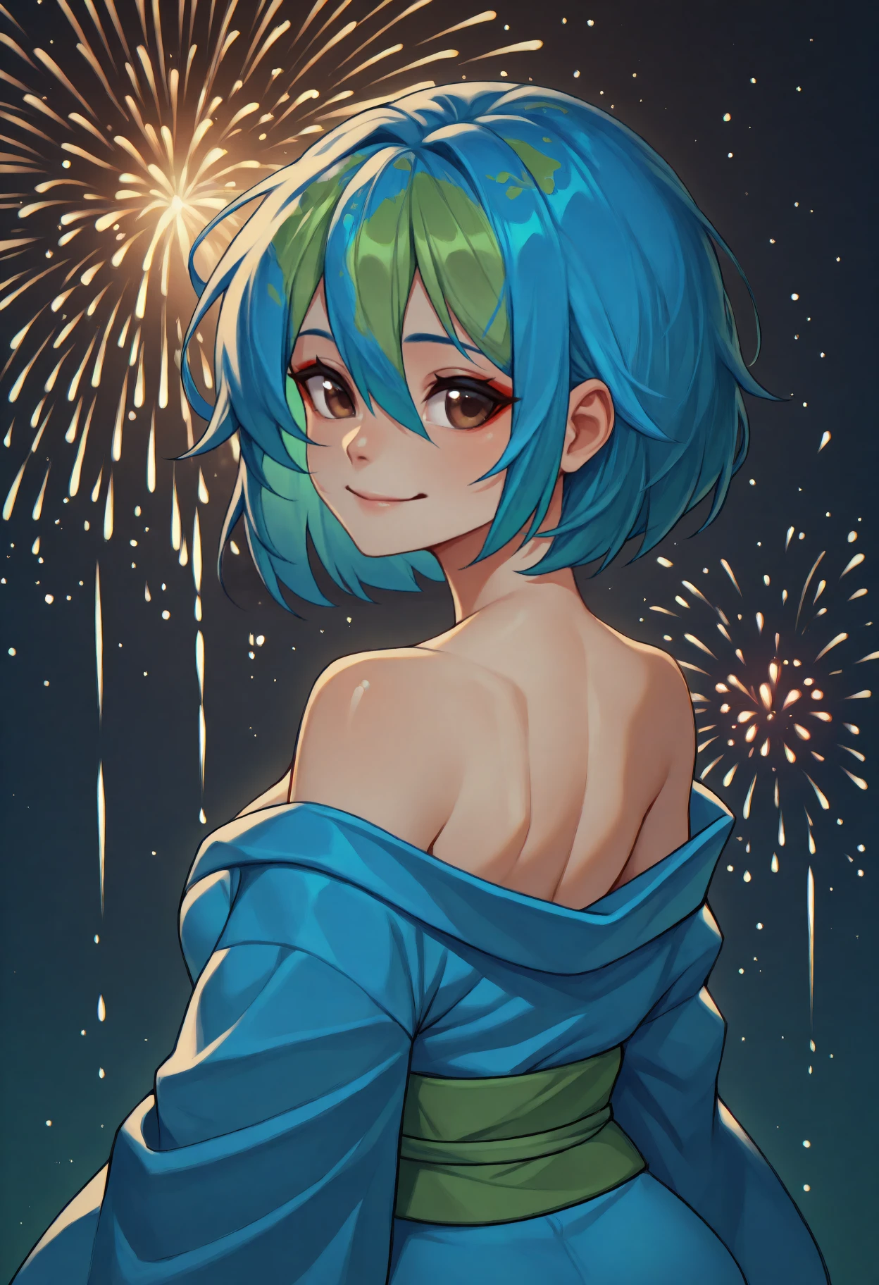 anime, masterpiece, best quality, <break> from behind, solo, 1girl, erthchn, smile, looking back, short hair, two-tone hair, blue hair, green hair, hair between eyes, brown eyes, japanese clothes, blue kimono, off shoulder, green sash, obi, bare shoulders, fireworks
<segment:yolo-face_yolov8m.pt,0.4,0.5//cid=1>