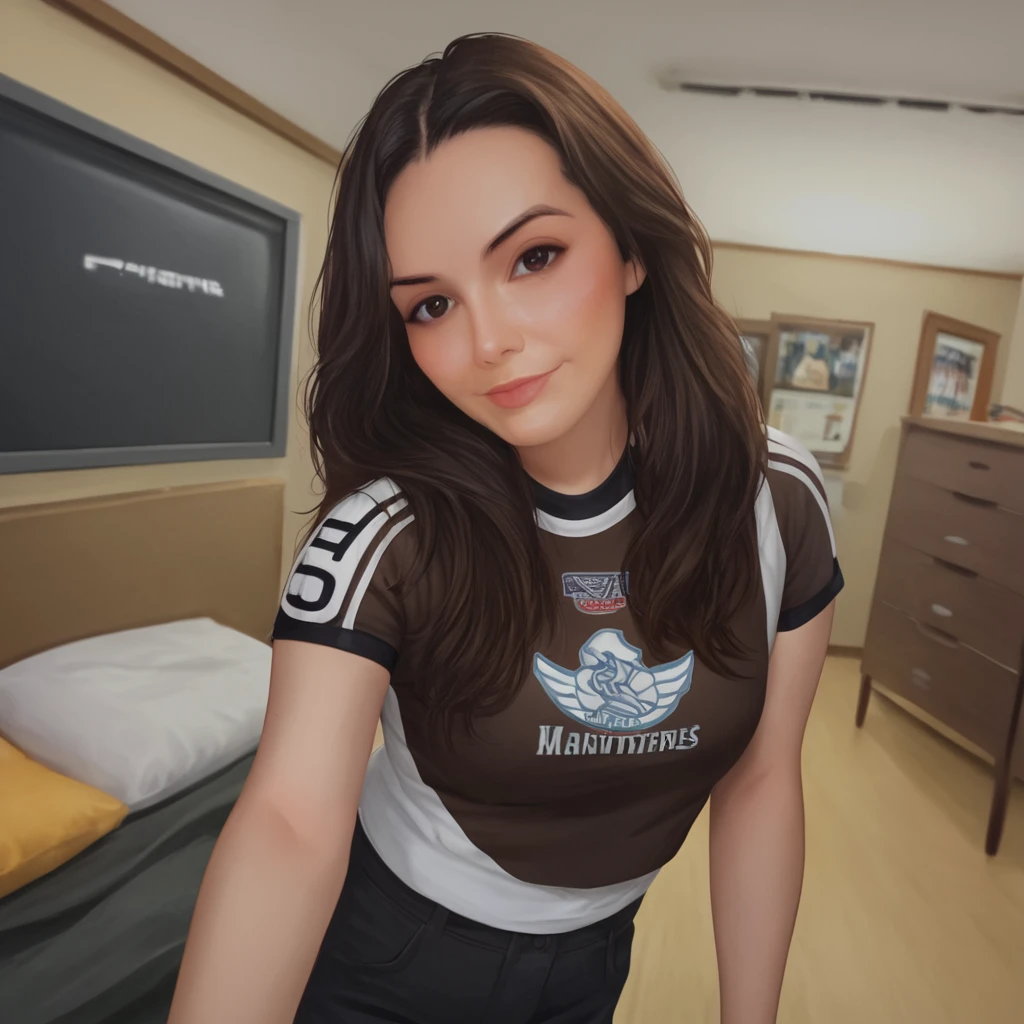 masterpiece, best quality, depth of field,   <lora:Ricki_Ortiz_v2:1>, r1ck10rt1z, 1girl,  solo, esports jersey, long hair,  brown hair, brown eyes, pants, short sleeves, indoors, black pants, looking at viewer, closed mouth, t-shirt, scrunchie, smile, realistic, black hair