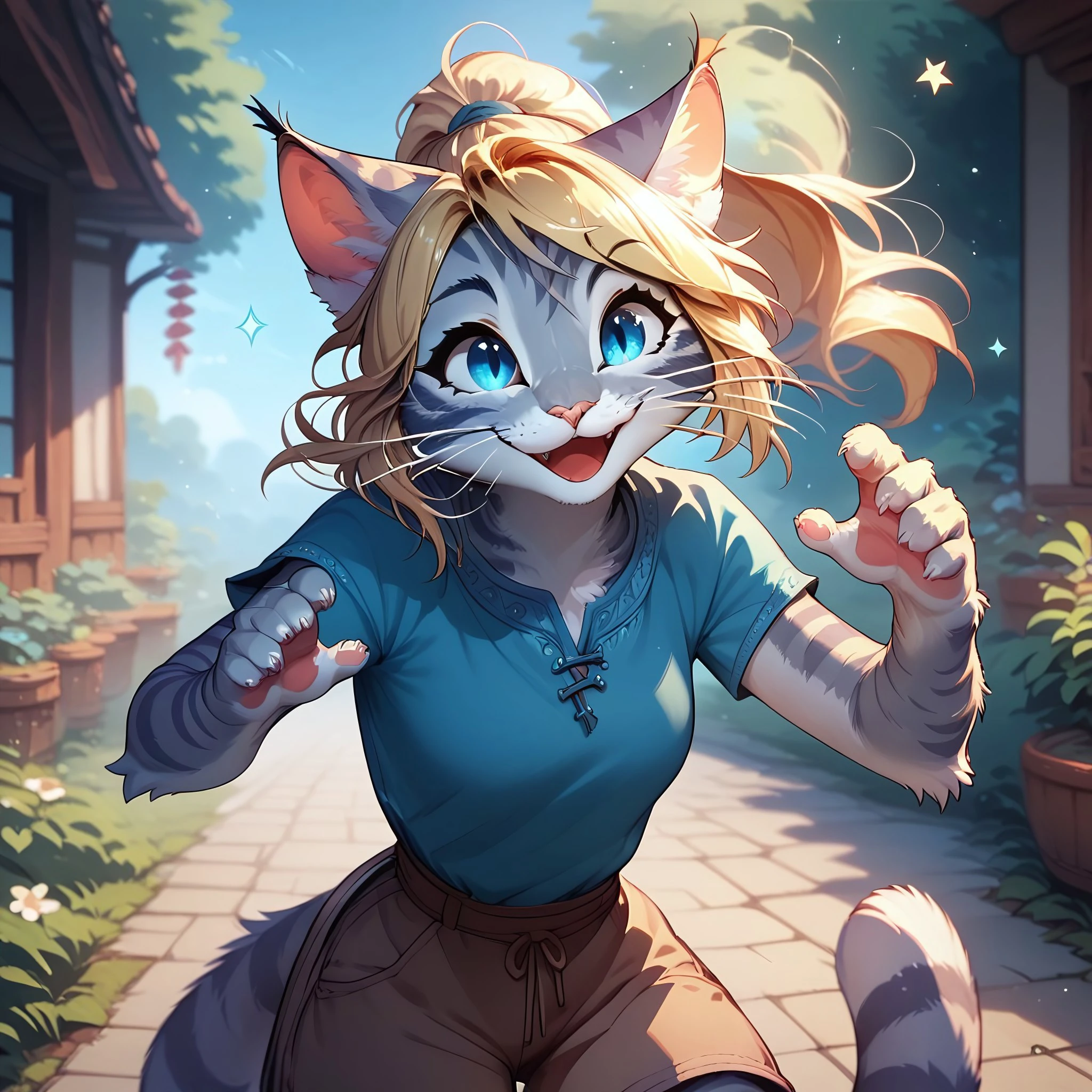 score_9,score_8_up,score_7_up, score_6_up, score_5_up,source_anime, Kat,  Anthro furry feline, silver fur, grey stripes on body, blonde hair, pink nose, :3,  1girl,solo,  incom, closed eyes, facing viewer, parted lips,from above, cowboy shot,