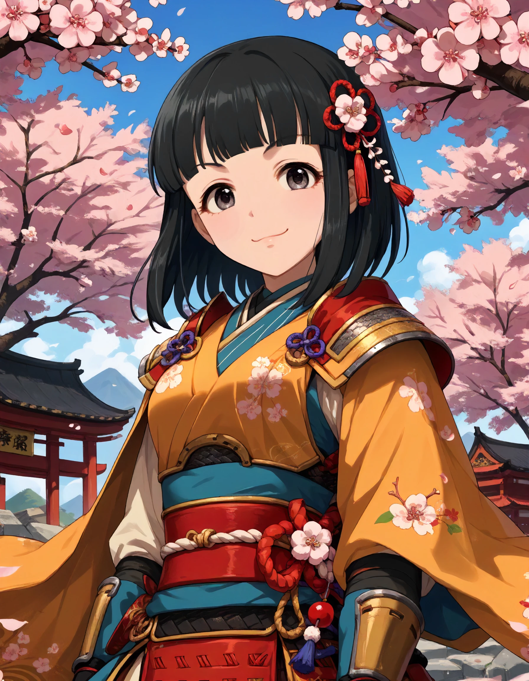 score_9,score_8_up,score_7_up,1girl,solo,looking at viewer,smile,closed mouth,cherry blossoms,
<lora:niwahitomi_ponyXLV6:0.8>,cgnht,
black hair,medium hair,blunt bangs,grey eyes,
japanese armor