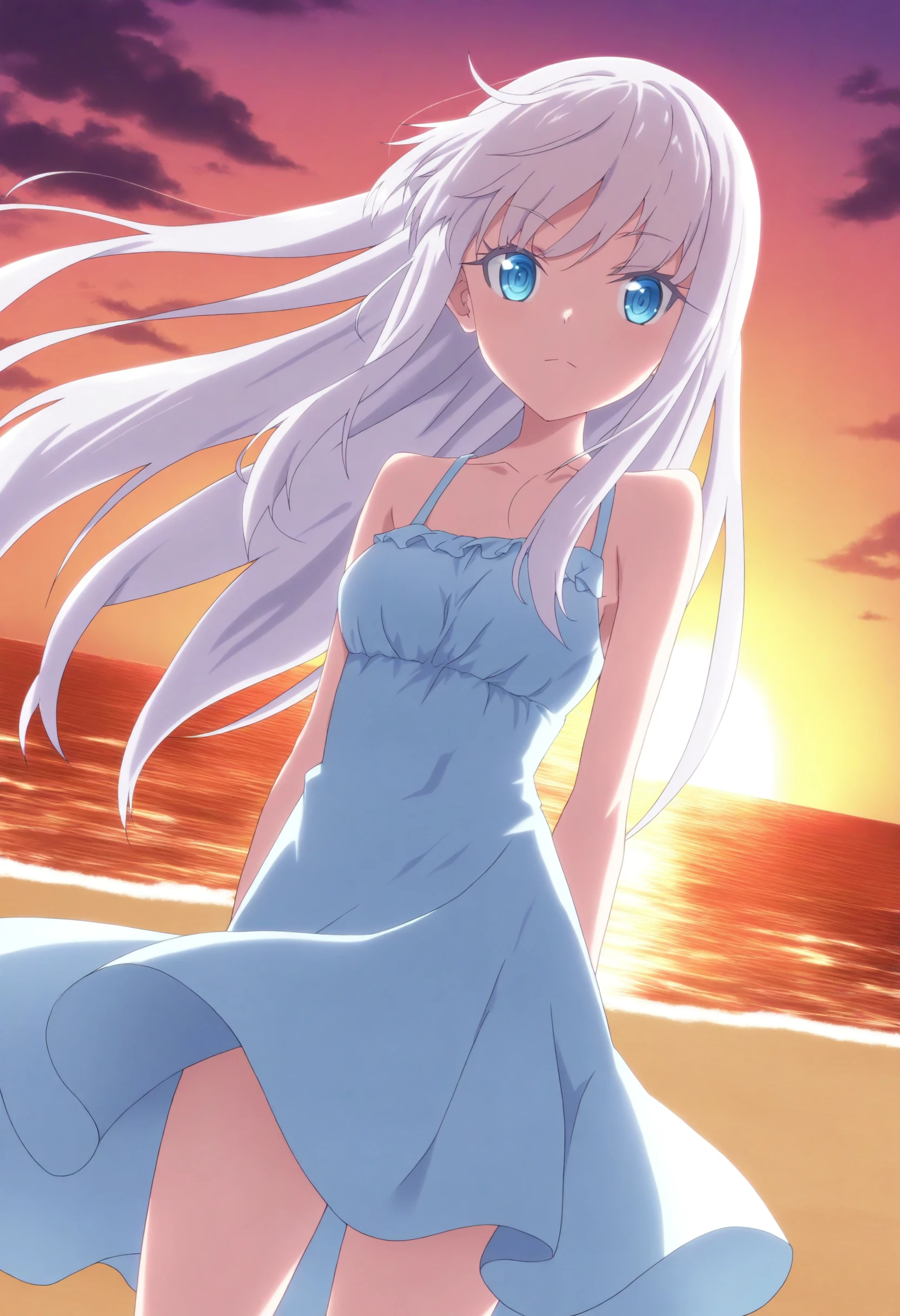 <lora:Mira - [She Professed Herself Pupil of the Wise Man] - illustriousXL v1.0:1>, sysdeep_mira,  white hair, blue eyes, chiffon dress, standing, at the beach, wind in hair, sunset