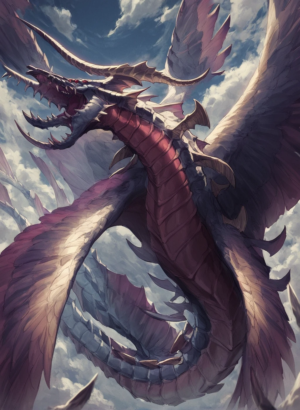 score_9, score_8_up, score_7_up, intricate details, , fantasy setting, flying, sky, cloud, shot from above, face shot,
 long neck,
dragon, plesiosaur, perfect wings, full body shot, seraphic wings,
, <lora:grima_v2:.85>grima, dragon, scales, multiple eyes, plesiosaur, no humans, horns/(front facing), teeth, monster, red eyes, fins, chest,
detailed background, tail, score_9, score_8_up, score_7_up, intricate details, rating_safe, fantasy setting,
depth of field, detailed background,
<lora:ral-chrosc-clr:0.5>, ral-chrosc-clr,
<lora:Expressive_H:0.5>, expessiveH,
<lora:xl_more_art-full_v1:0.3>,
<lora:add-detail-xl:0.3>