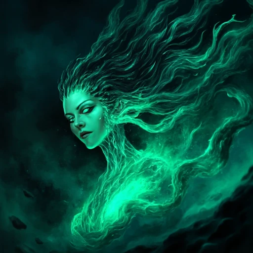 Digital ilustration in LORStyleFluxV1 of a dark, moody, and ethereal style, featuring a hauntingly beautiful woman. The artwork is rendered in a digital medium, likely using software like Adobe Photoshop or Illustrator, with a focus on vibrant, glowing, and swirling effects. The woman has long, flowing hair that appears to be made of a glowing, ethereal substance, with colors shifting between various shades of teal and green, creating a mesmerizing, almost liquid-like texture.