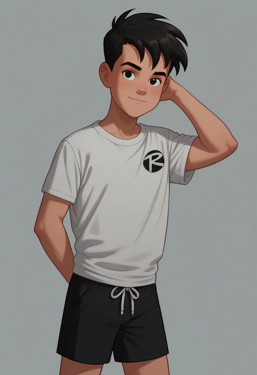 score_9, score_8_up, score_7_up, highly detailed, cute boy, 1boy, solo,  Tim_ Drake, black hair, black eyes, white t-shirt, shorts