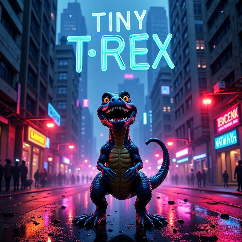tiny t-rex, futuristic cyberpunk cityscape, neon lights illuminating the rain-soaked streets, dark and gritty atmosphere, towering skyscrapers, high contrast, intense color glow, intricate mechanical details on buildings, tiny t-rex standing heroically in front, film poster layout, cinematic lighting, shadows casting a dramatic look, bold title text \"Tiny T-Rex\" in stylized neon font, directed by djm230x, high resolution, sharp focus