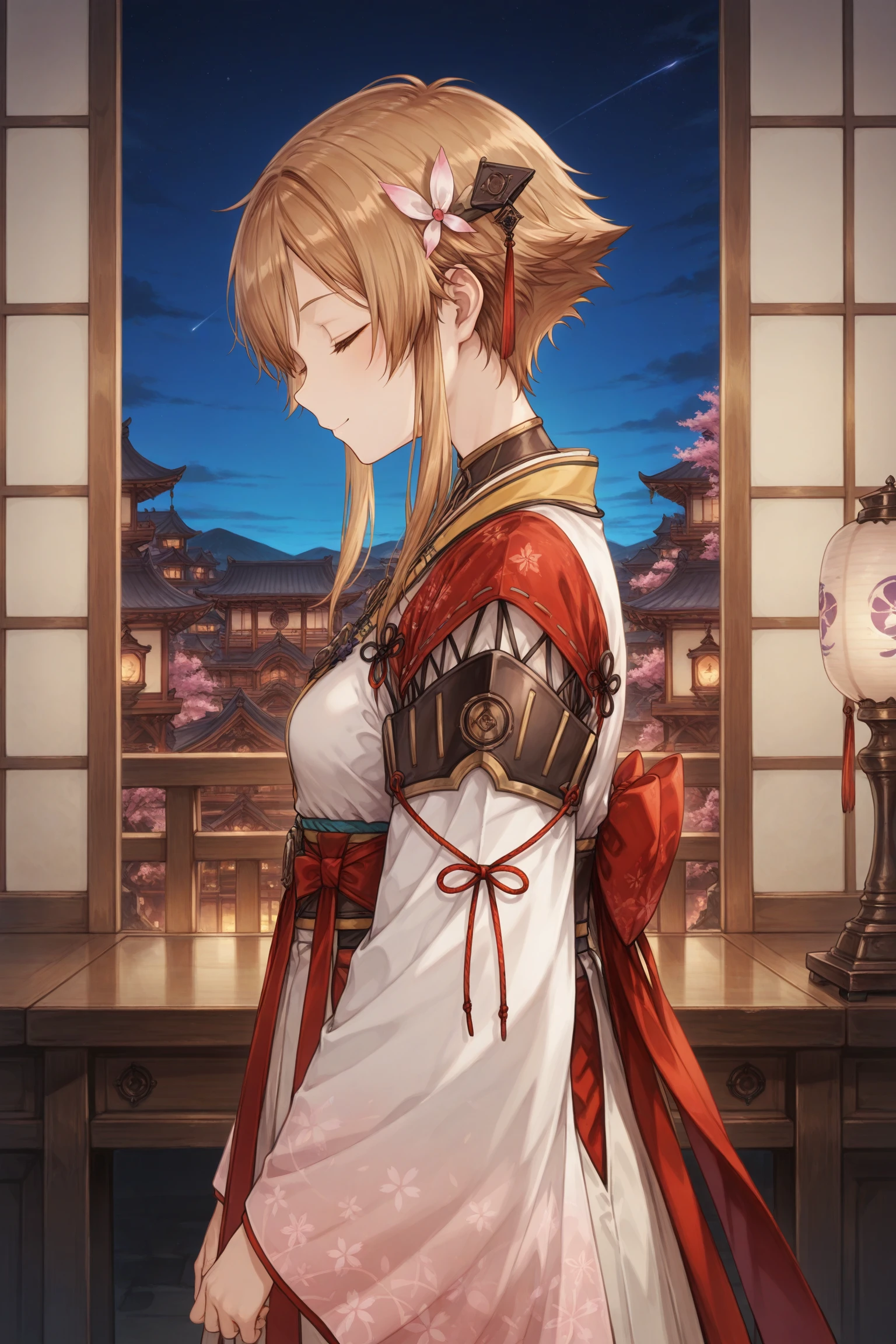 masterpiece, best quality, amazing quality, highres, absurdres, very aesthetic, high resolution, ultra detailed, perfect details, 1girl, indoors, smile, medium breast, mira, brown hair, short hair, short hair with long locks, sidelocks, hair ornaments, red eyes, long sleeves, wide sleeves, japanese clothes, onmyouji, white hakama, tabi, okobo, <lora:Mira:0.8>, (upper body:1.6), (night:1.5), (from side:2), closed eyes, emotionless