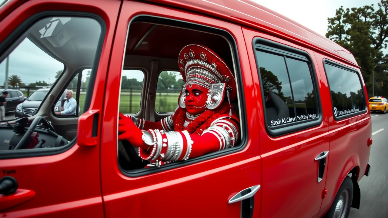 wide angle orthographic centered side view of a theyyam performer wearing a red and silver  costume with red face paint driving a red van through a usa highway