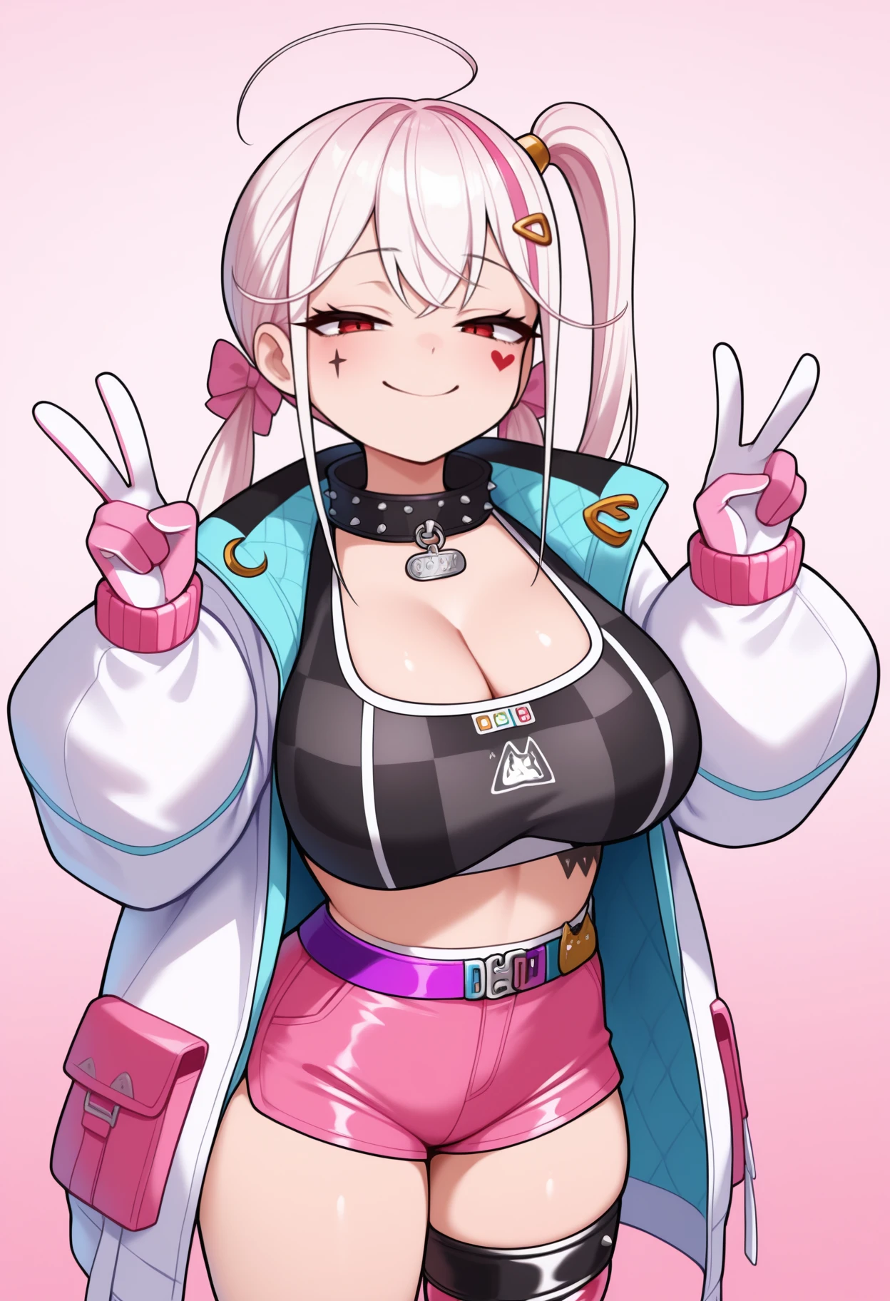 masterpiece, best quality, <break> gradient background, pink background, solo, 1girl, nikkejackal, facial tattoo, heart tattoo, smile, closed mouth, looking at viewer, double v, streaked hair, white hair, pink hair, ahoge, side ponytail, low twintails, hair ornament, hairclip, hair bow, pink bow, half-closed eyes, two-sided jacket, white jacket, open jacket, long sleeves, black sports bra, pink gloves, pink shorts, short shorts, pink thighhighs, single thighhigh, black collar, spiked collar, cleavage, large breasts
<segment:yolo-face_yolov8m.pt,0.4,0.5//cid=1>