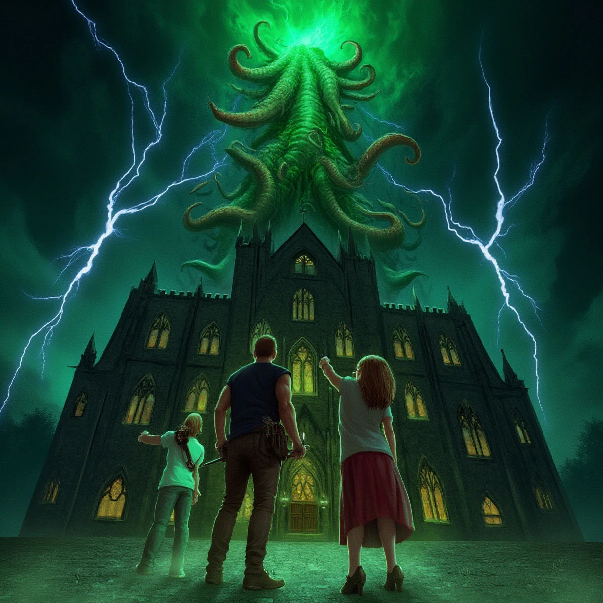 eldritch illustration of three people standing before a dark, Gothic building as a massive, tentacled creature emerges atop it, surrounded by swirling green energy and crackling lightning. The figures—two men with weapons and a woman pointing—look up in shock and determination at the monstrosity above. The night sky is stormy and ominous.