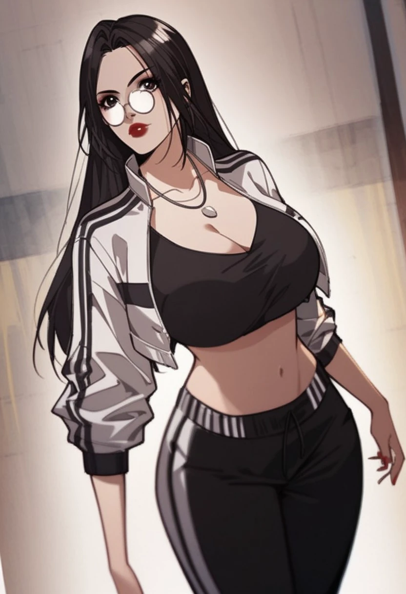 score_9, score_8_up, score_7_up, BREAK, LiRuobing, long hair, black hair, brown eyes, glasses, large breasts, red lips, red nails, makeup, LiSportwear, necklace, cleavage, cropped jacket, black crop top, midriff, black pants, track pants, 1girl, solo,