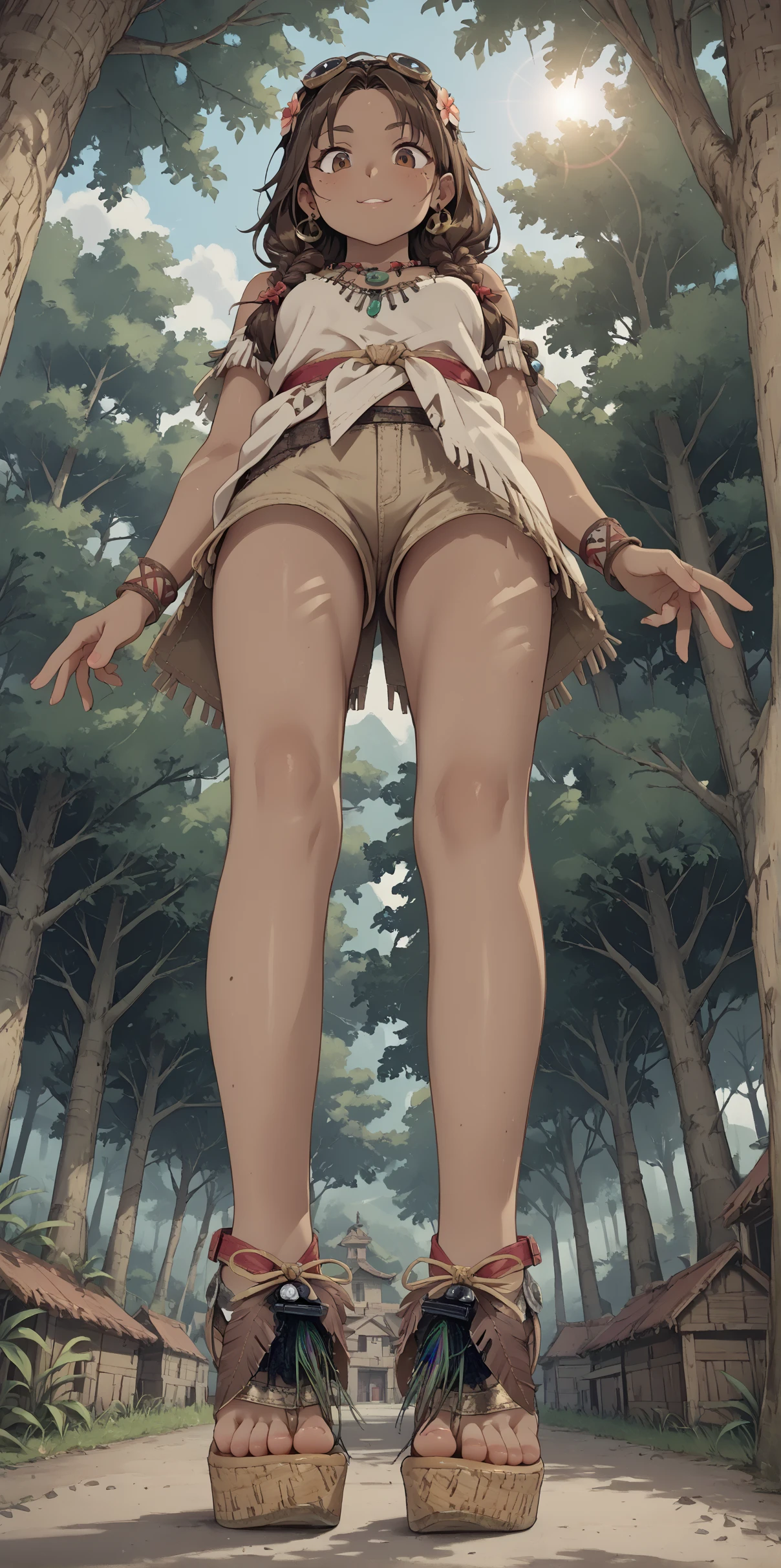 score_9, score_8_up, score_7_up, score_6_up, source_anime, extremely detailed,
1girl, 
brown hair, 
dark skin,
tribal,
feet, toes,
(b0h0 heels), platform footwear,
wide angle, (low angle:1.3),
forest village,
looking down, v,
hippie tunic, frayed brown shorts, 
embedding:zPDXLrl ,
embedding:zPDXL2 ,