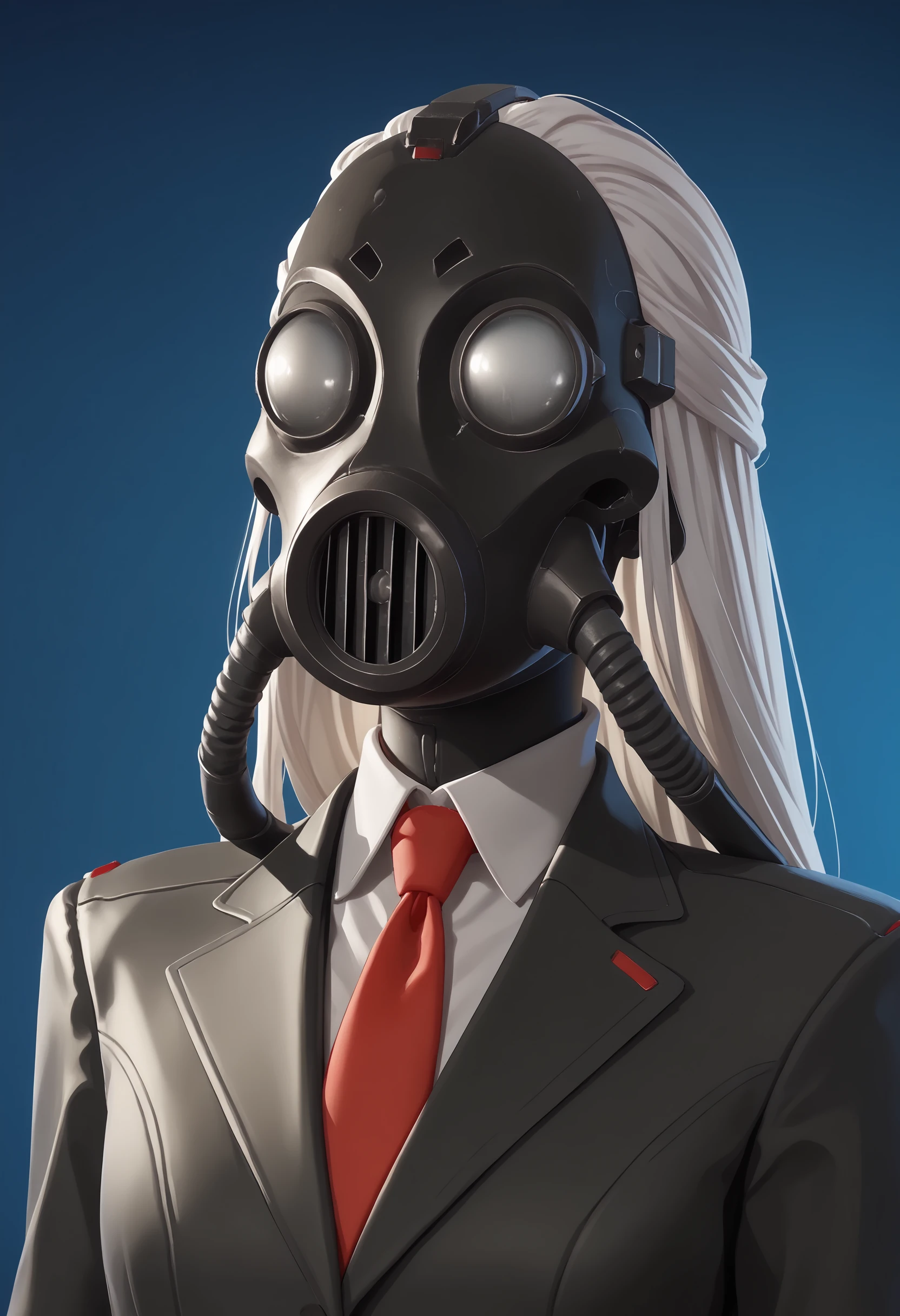 score_9, score_8_up, score_7_up, score_6_up, score_5_up, score_4_up, 1girl,   <lora:ChaosDirector:0.85> gas mask, gloves, long hair, white hair, bodysuit, suit, necktie, red necktie, upper body, front view, 
light blue background, simple background,