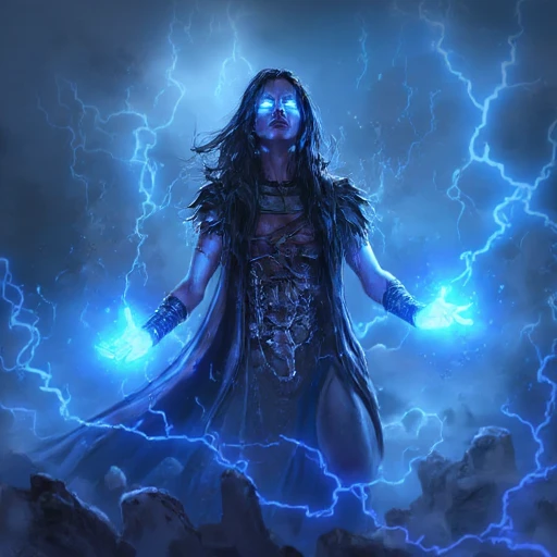 Digital ilustration in PoE1ascendancyArtFLUXV1 of a pale woman with long black hair wearing a long blue robe, with eyes glowing blue, holding a lightning bolts in her hands, with massive thunderstorm in the background