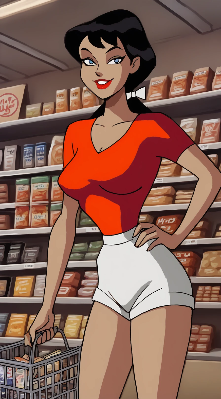 source_anime, zanbtas, 1girl, shopping in supermarket, looking at viewer, smile, sup3rmark3t, indoors, shelves, store, food, groceries, shopping basket, hand on hip, large breasts, blue eyes, black hair, red shirt, hair ribbon, white shorts, lipstick, makeup, red lips, <lora:dcau-330:0.3>, <lora:Zatanna_-_Batman_Animated_v1:0.7>, <lora:Supermarket:0.4>, score_9, score_8_up, score_7_up, score_6_up, score_5_up, score_4_up,