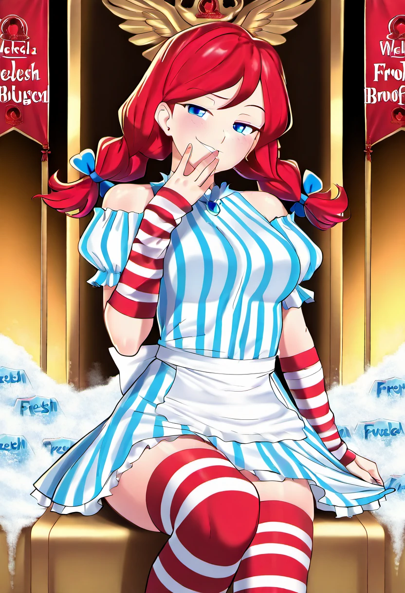 Gingerhead clown girl, beautiful, sexy, graceful, giant bust, elegant female body, red gloves, she holds a microphone in her hand, green eyes, clown makeup, hair tails, a big purple bow on her neck, a desired big breasts, a propeller in her tummy, cute dress, white smooth skin, she smiles slyly, walking with grace, high detailing, realistic, 4K, 3D