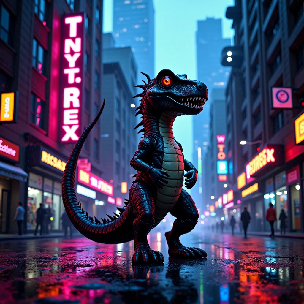 tiny t-rex, futuristic cyberpunk cityscape, neon lights illuminating the rain-soaked streets, dark and gritty atmosphere, towering skyscrapers, high contrast, intense color glow, intricate mechanical details on buildings, tiny t-rex standing heroically in front, film poster layout, cinematic lighting, shadows casting a dramatic look, bold title text \"Tiny T-Rex\" in stylized neon font, directed by djm230x, high resolution, sharp focus