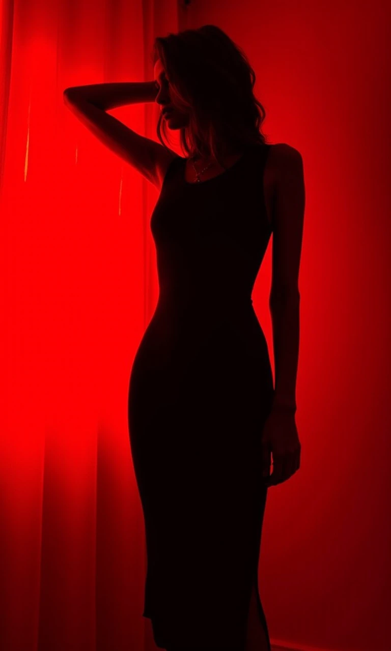 aesthetic_pos3, dynamic_pos3, Elegant silhouette of a young woman in a red backlit room, sleek dark dress, Gothic art style with high contrast, fluid and vibrant ink patterns, atmospheric and mysterious.