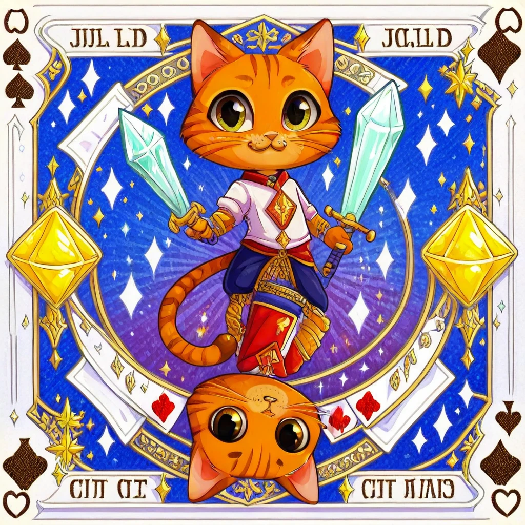 cat, sparkle, The joker card, looking at viewer, sword, club (shape), card, card (medium), tarot, holding, tail