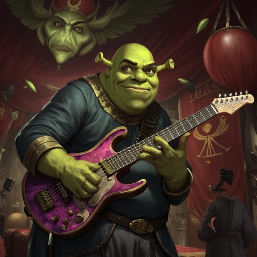 Digital ilustration in style of LORStyleFluxV1 of Shrek playing on a eletrctic guitar